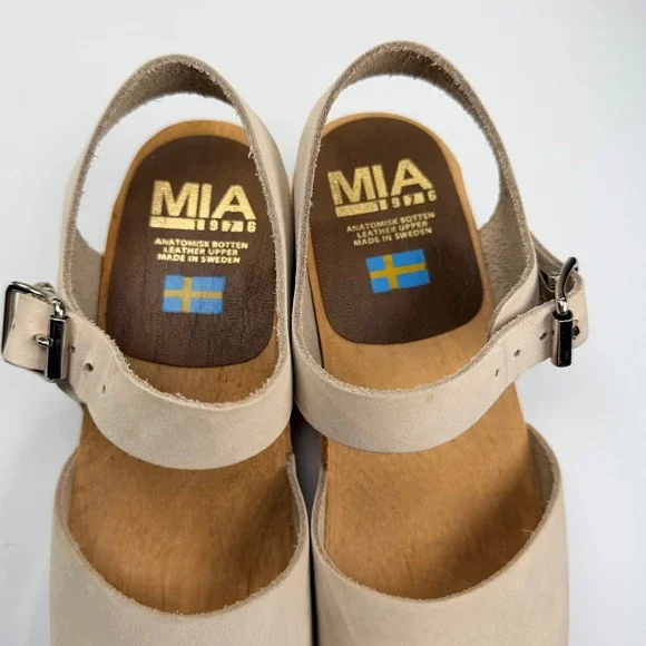 MIA Abba Swedish Clog Women 36/6 Beige Leather Wooden Sole Slingback Boho Sandal - Picture 4 of 12
